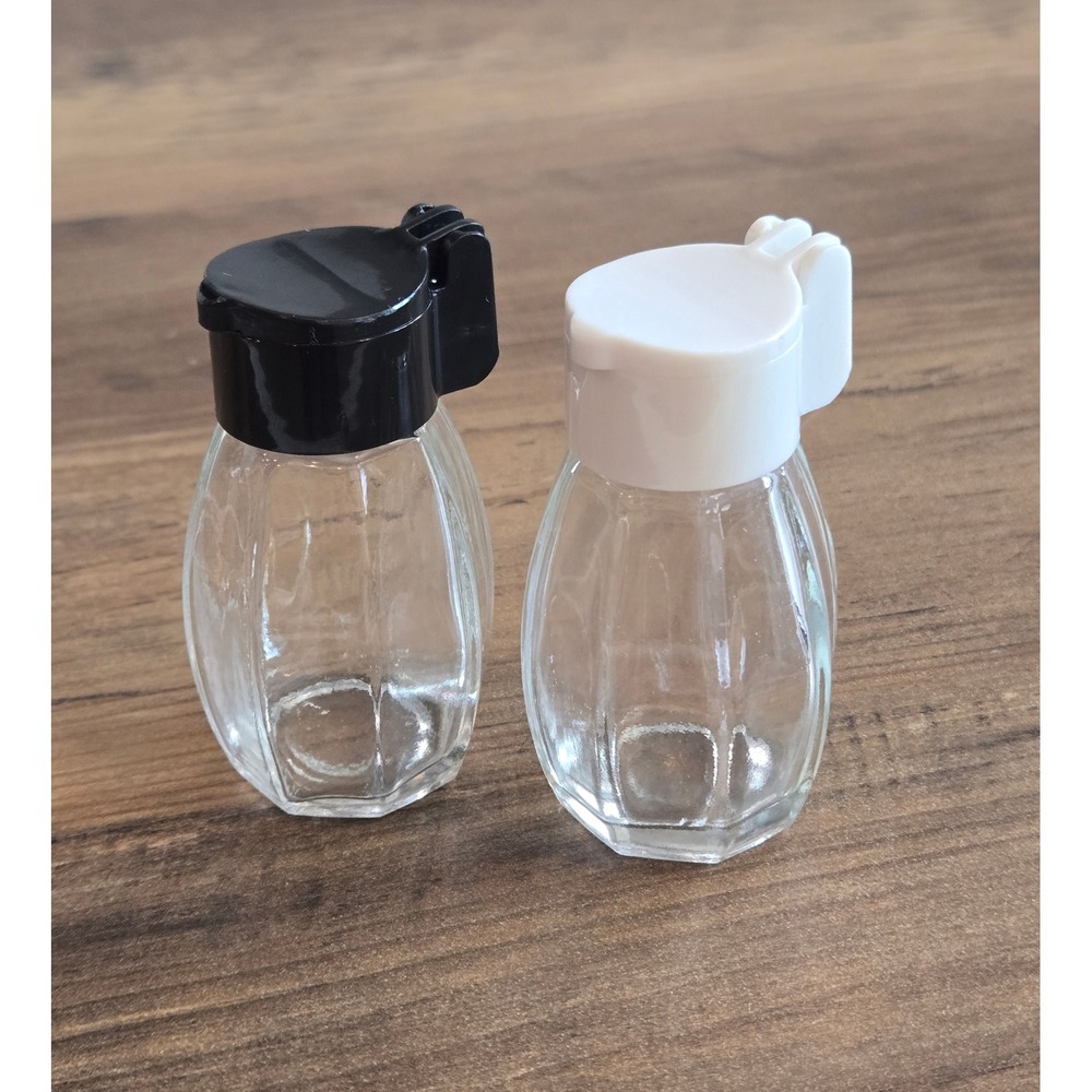 Vintage Glass Salt and Pepper Shakers Set with Flip Top Lids Black and White